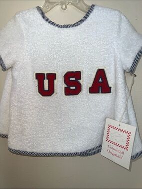 Vintage Kids Cottontail Originals White Terry Baby Jacket with Navy Trim & Flag